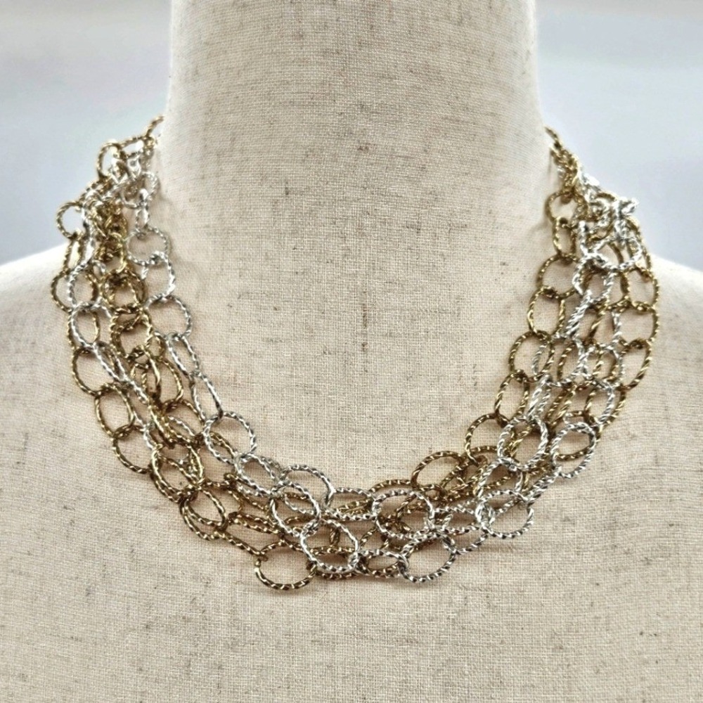 Two Tone Mixed Metal Multi Strand Bib Necklace Gold Silver Textured Links